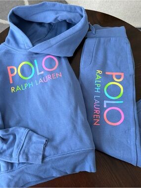 Ralph Lauren Light Blue Hoodie and Sweatpants with Neon Rainbow Logo